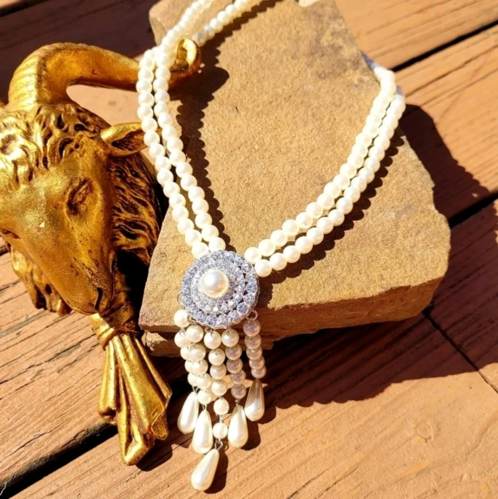 NWT Pearl Crystal Tassel Art Deco Silver Necklace & Earrings Set